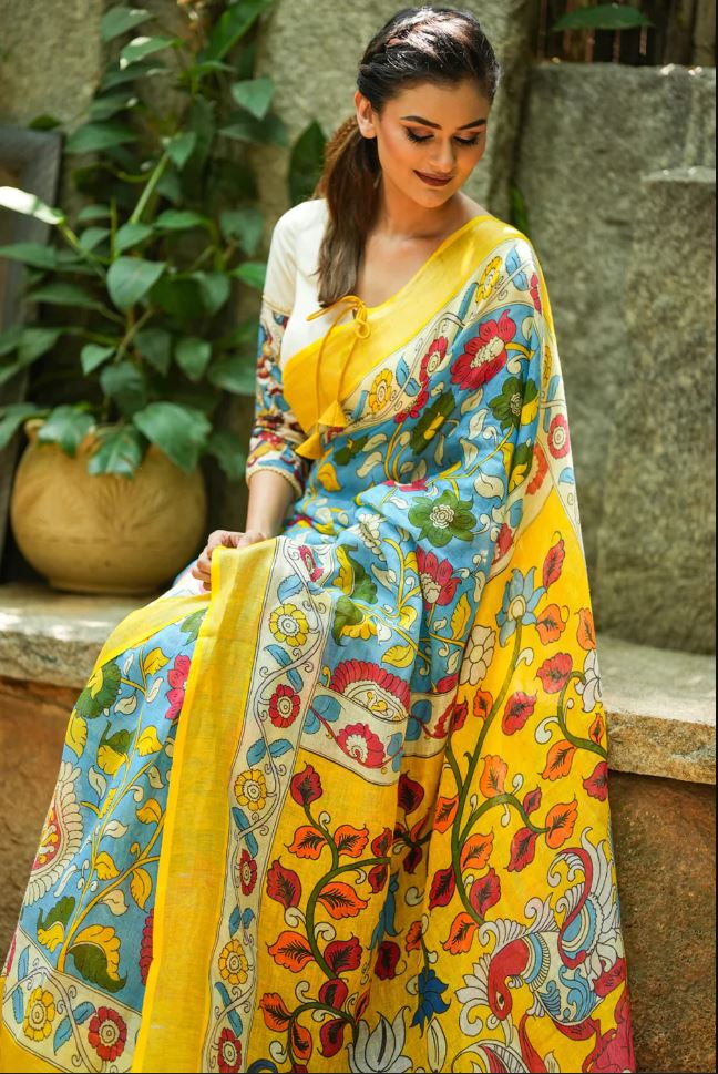Regal Yellow Color Cotton Linen Saree With Unstitched Blouse Piece For Women