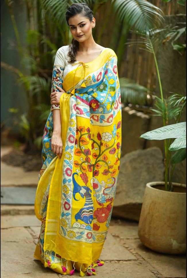 Regal Yellow Color Cotton Linen Saree With Unstitched Blouse Piece For Women