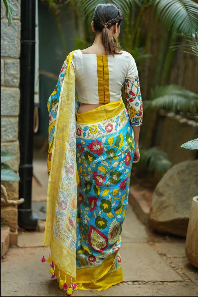 Regal Yellow Color Cotton Linen Saree With Unstitched Blouse Piece For Women