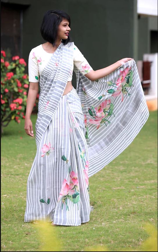 Elegent White Color Cotton Linen Saree With Unstitched Blouse Piece For Women