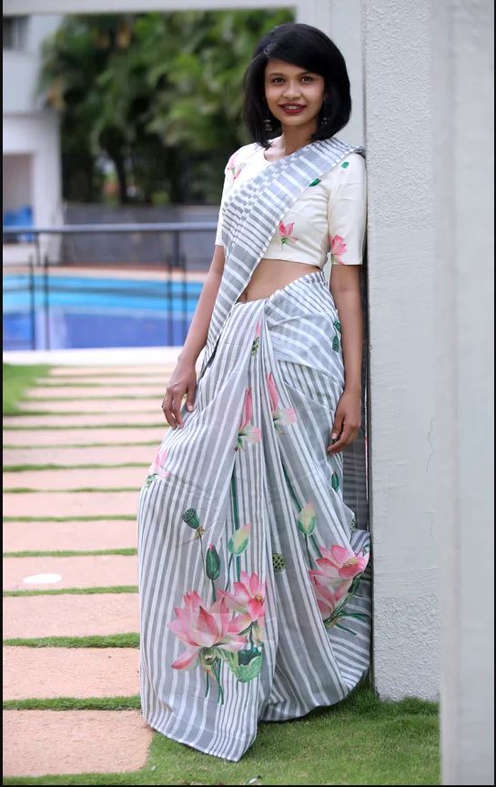 Elegent White Color Cotton Linen Saree With Unstitched Blouse Piece For Women
