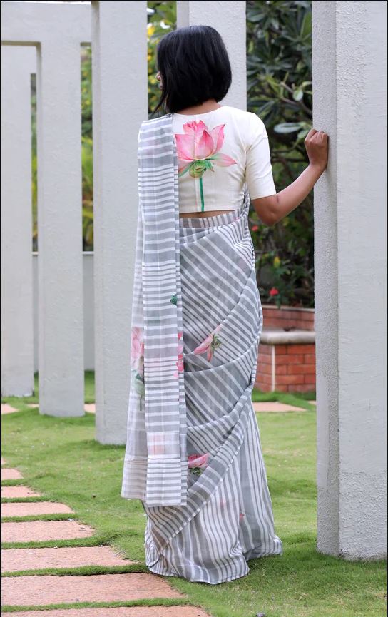 Elegent White Color Cotton Linen Saree With Unstitched Blouse Piece For Women