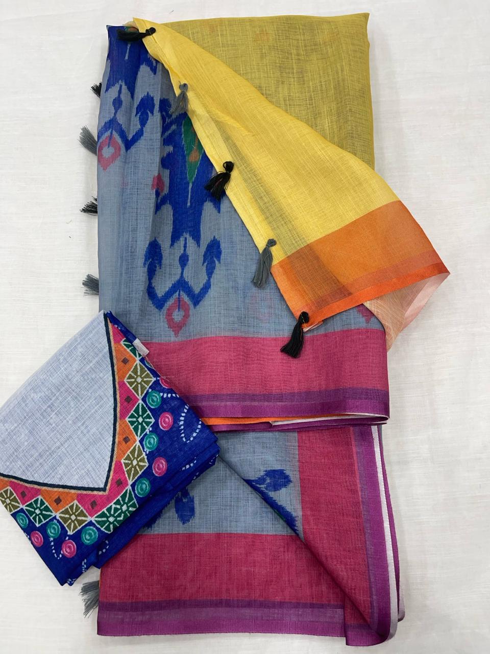 Regal Blue Color Cotton Linen Saree With Unstitched Blouse Piece For Women