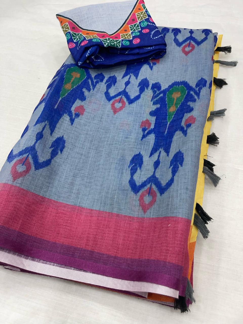 Regal Blue Color Cotton Linen Saree With Unstitched Blouse Piece For Women