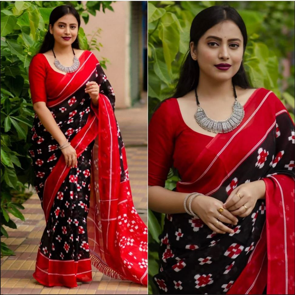 Majestic Black with Red Color Cotton Linen Saree With Unstitched Blouse Piece For Women