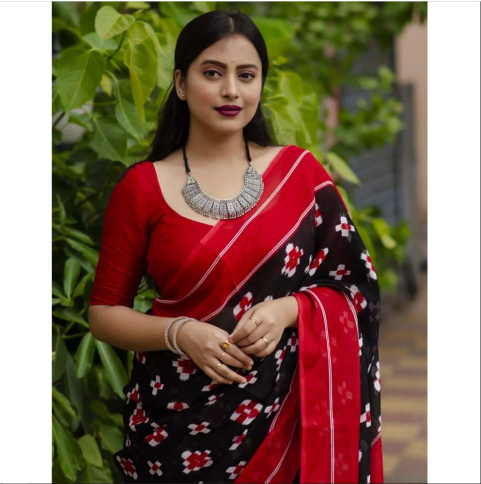 Majestic Black with Red Color Cotton Linen Saree With Unstitched Blouse Piece For Women