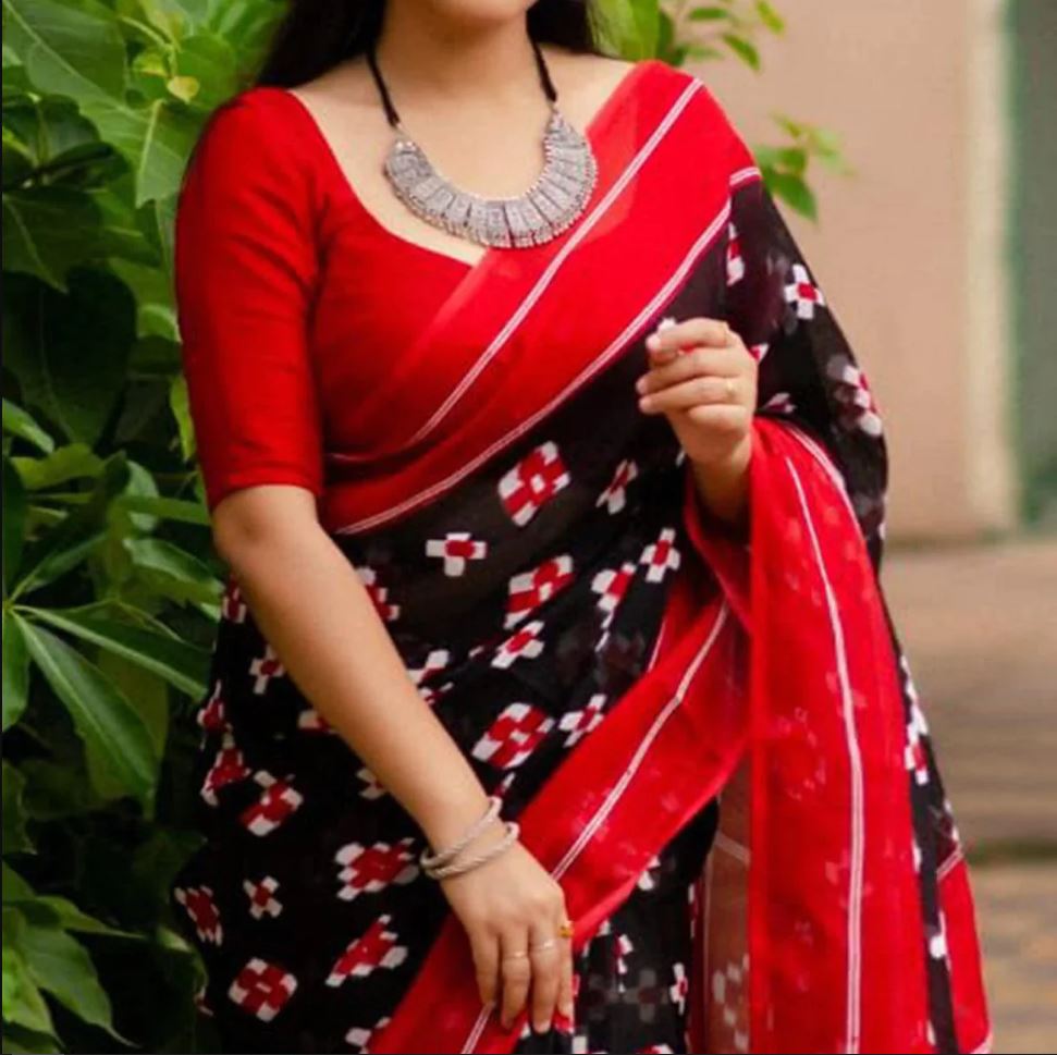 Majestic Black with Red Color Cotton Linen Saree With Unstitched Blouse Piece For Women