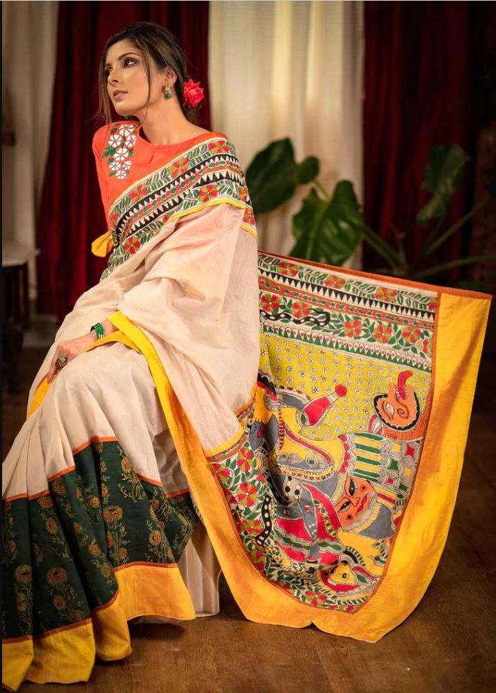 Divine White with Yellow Color Cotton Linen Saree With Unstitched Blouse Piece For Women