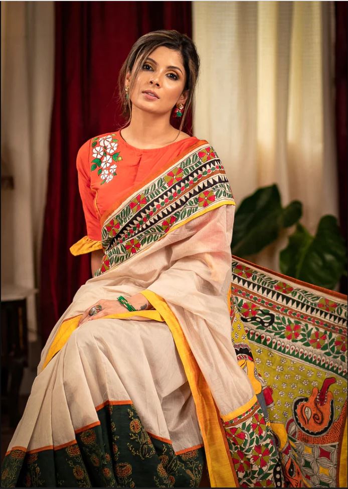Divine White with Yellow Color Cotton Linen Saree With Unstitched Blouse Piece For Women