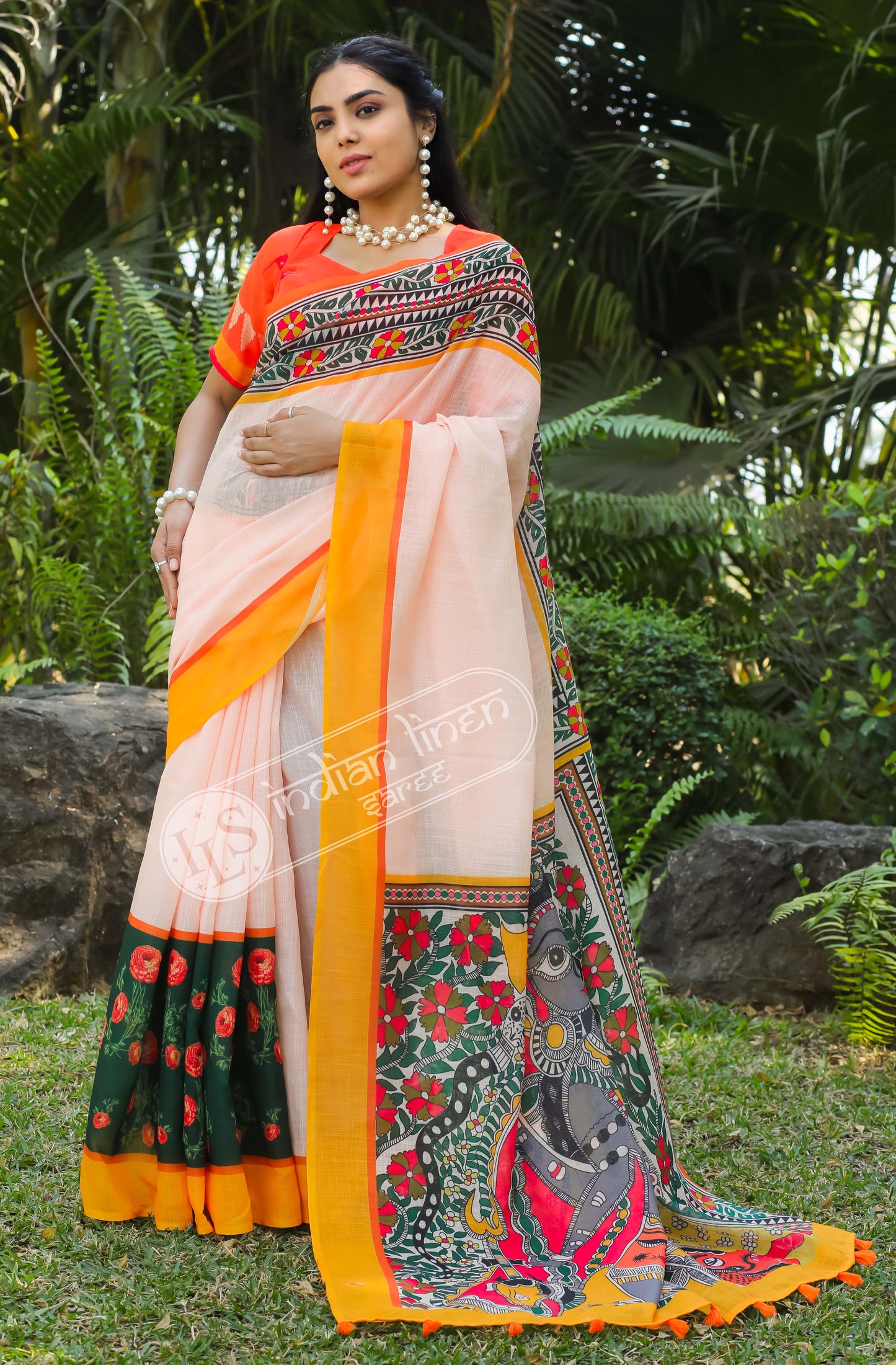 Divine White with Yellow Color Cotton Linen Saree With Unstitched Blouse Piece For Women