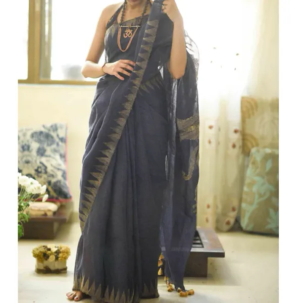 Royal Gray Color Cotton Linen Saree With Unstitched Blouse Piece For Women
