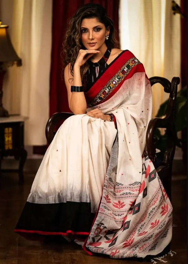 Luxurious White and Red Color Cotton Linen Saree With Unstitched Blouse Piece For Women