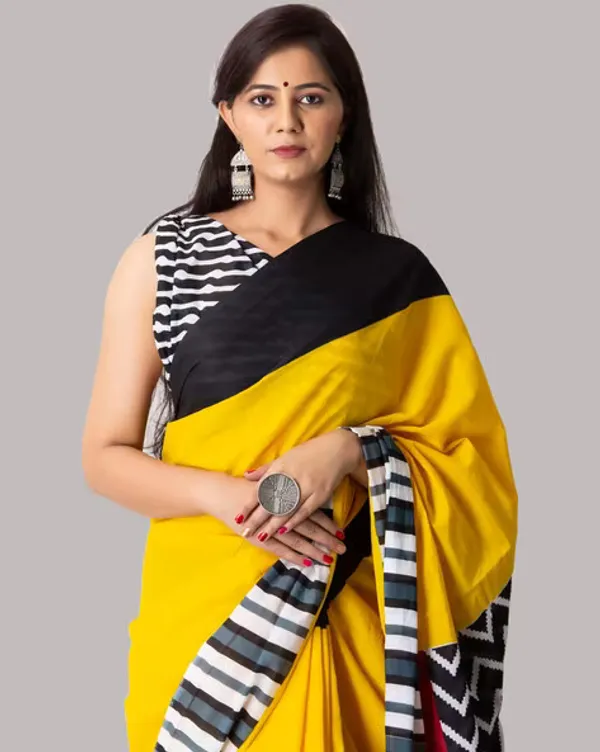 Timeless Yellow Color Cotton Linen Saree With Unstitched Blouse Piece For Women