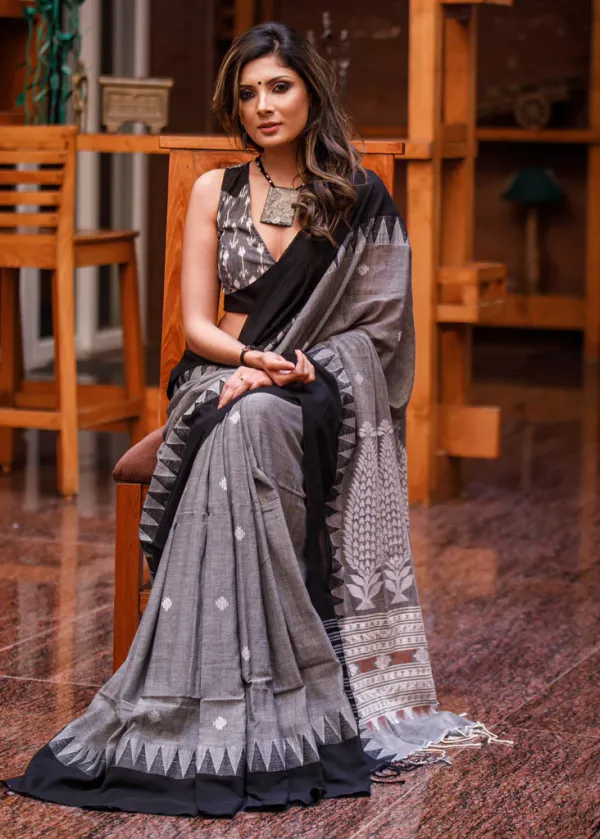 Glamorous Gray Color Cotton Linen Saree With Unstitched Blouse Piece For Women