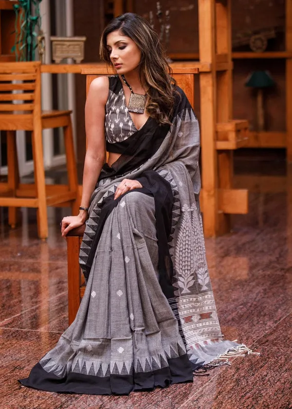 Glamorous Gray Color Cotton Linen Saree With Unstitched Blouse Piece For Women