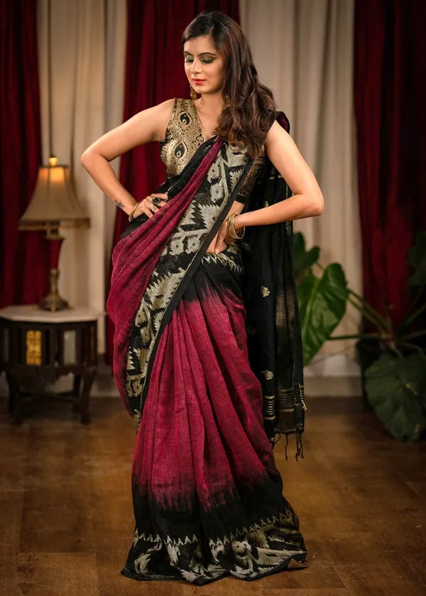 Classy Red and Black Color Cotton Linen Saree With Unstitched Blouse Piece For Women