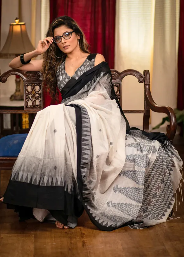 Vibrant White and Black Color Cotton Linen Saree With Unstitched Blouse Piece For Women