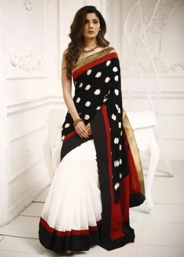 Exquisite White and Black Color Cotton Linen Saree With Unstitched Blouse Piece For Women