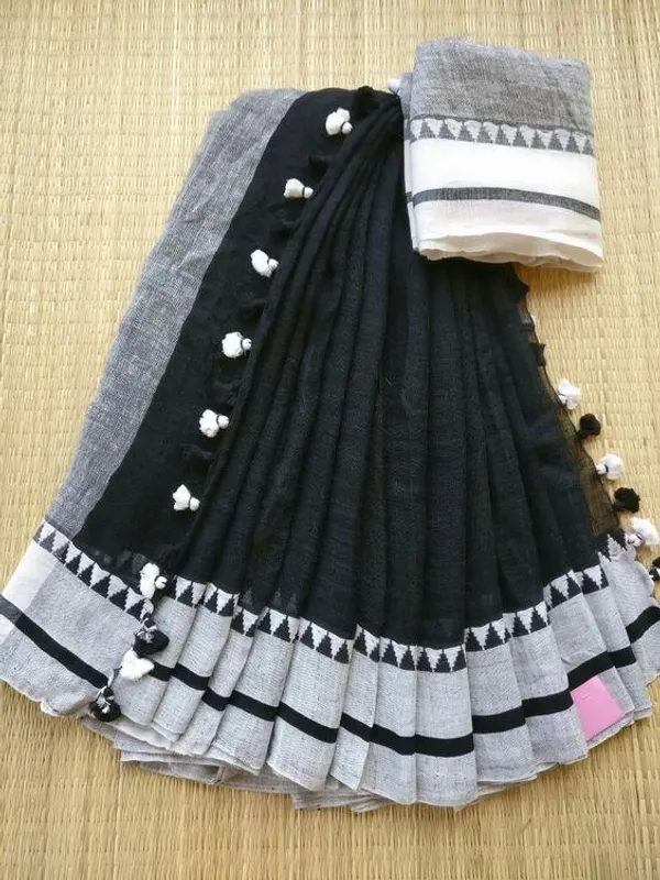 Divine Black and White Color Cotton Linen Saree With Unstitched Blouse Piece For Women