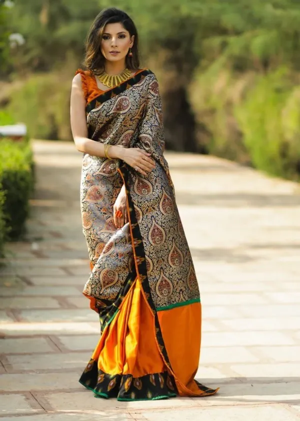 Vibrant White and Orange Color Cotton Linen Saree With Unstitched Blouse Piece For Women