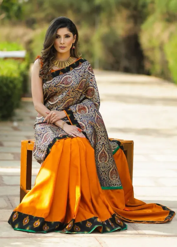 Vibrant White and Orange Color Cotton Linen Saree With Unstitched Blouse Piece For Women