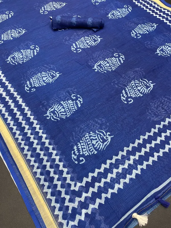 Glamorous Blue Color Cotton Linen Saree With Unstitched Blouse Piece For Women