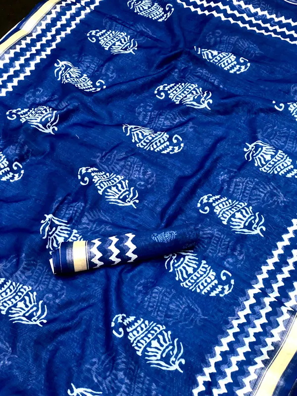 Glamorous Blue Color Cotton Linen Saree With Unstitched Blouse Piece For Women