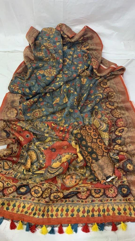 Regal Green and Brown Color Cotton Linen Saree With Unstitched Blouse Piece For Women