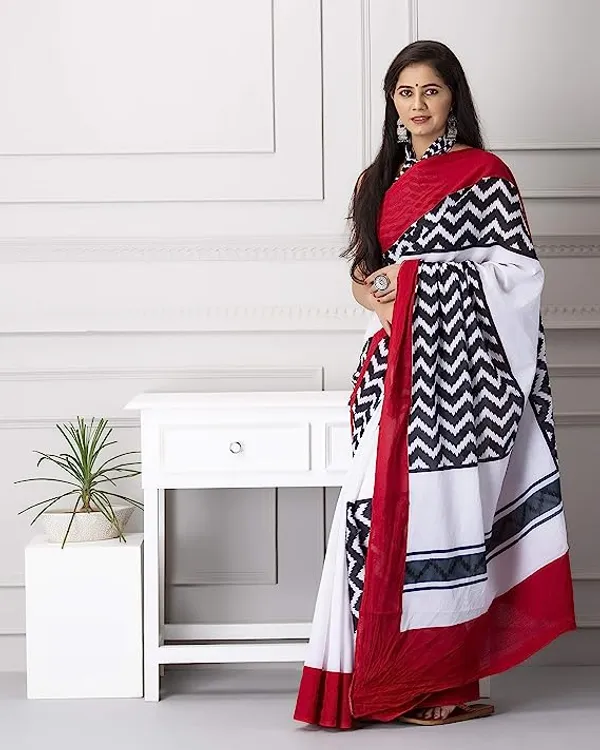Timeless White and Red Color Cotton Linen Saree With Unstitched Blouse Piece For Women