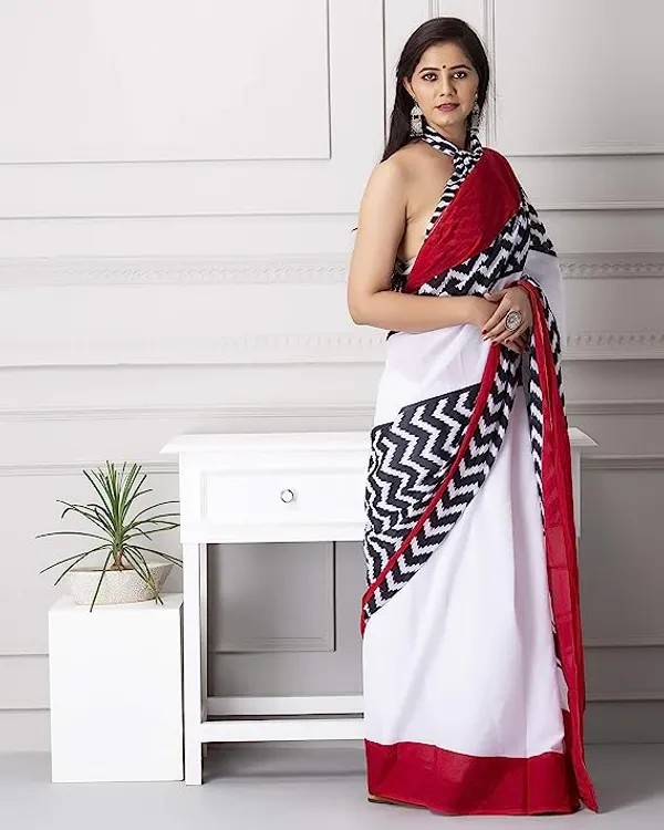 Timeless White and Red Color Cotton Linen Saree With Unstitched Blouse Piece For Women