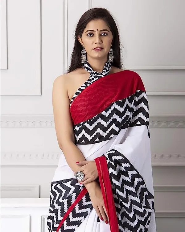 Timeless White and Red Color Cotton Linen Saree With Unstitched Blouse Piece For Women