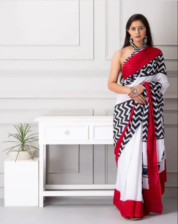 Timeless White and Red Color Cotton Linen Saree With Unstitched Blouse Piece For Women
