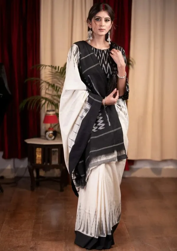 Royal Black with White Color Cotton Linen Saree With Unstitched Blouse Piece For Women
