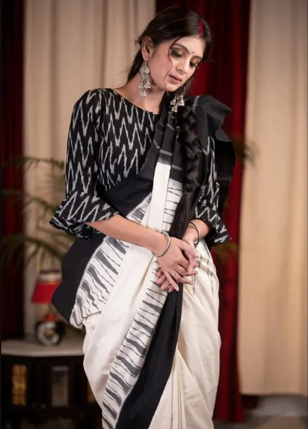 Royal Black with White Color Cotton Linen Saree With Unstitched Blouse Piece For Women