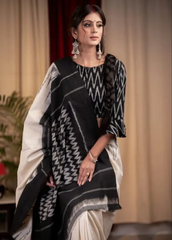 Royal Black with White Color Cotton Linen Saree With Unstitched Blouse Piece For Women