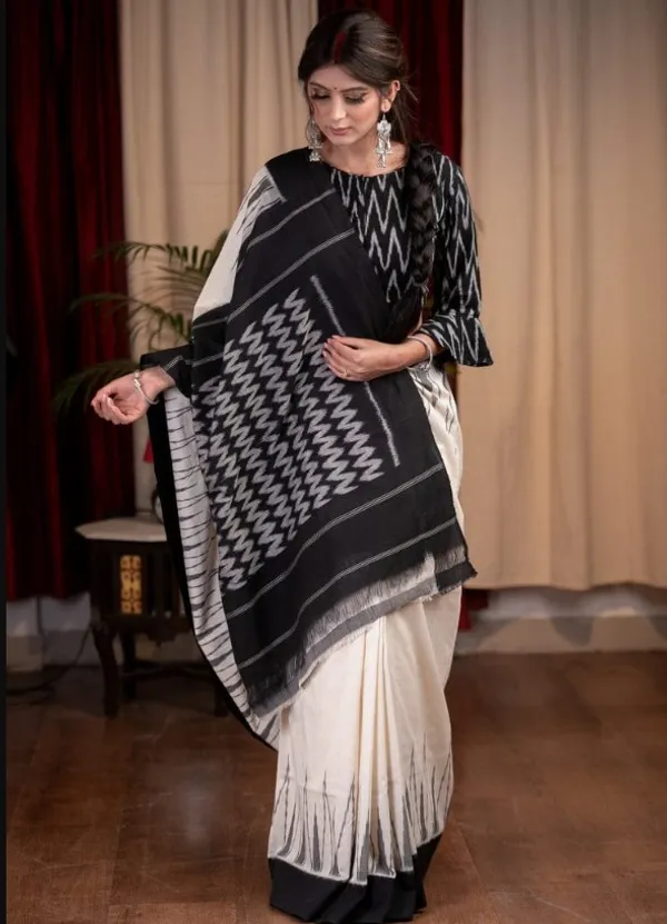 Royal Black with White Color Cotton Linen Saree With Unstitched Blouse Piece For Women