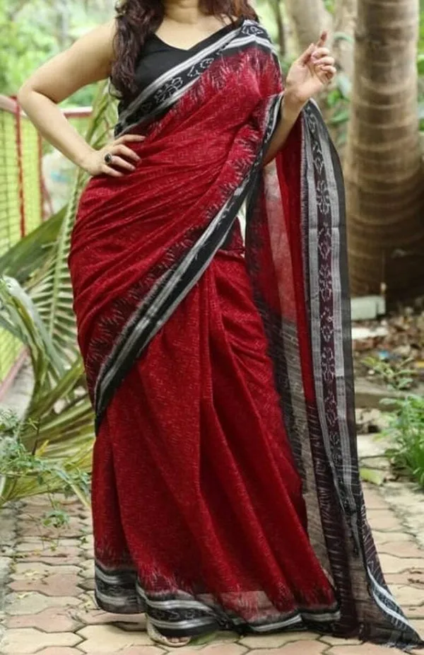 Traditional Red Color Cotton Linen Saree With Unstitched Blouse Piece For Women