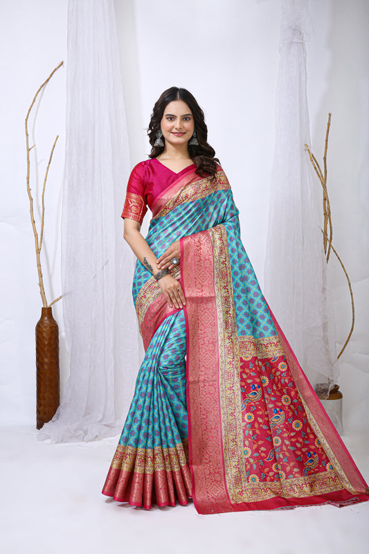 Blue Color Dola Cotton Fabric Digital Print Saree With Blouse Piece
