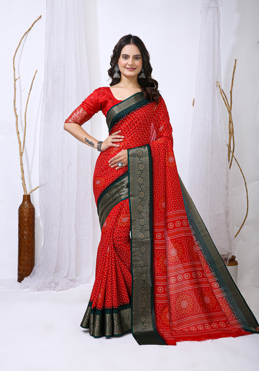 Red Color Dola Cotton Fabric Kalamkari Print Saree With Printed Blouse Piece