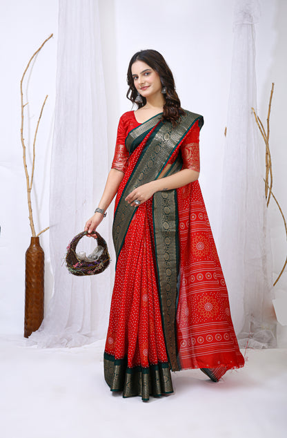 Red Color Dola Cotton Fabric Kalamkari Print Saree With Printed Blouse Piece
