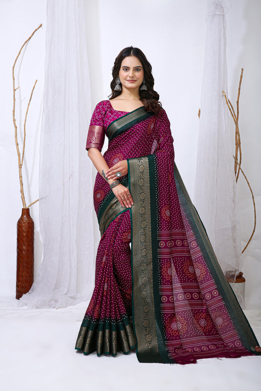 Purple Color Dola Cotton Fabric Kalamkari Print  Saree With Printed Blouse Piece