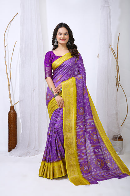 Lavender Color Dola Cotton Fabric Kalamkari Print Saree With Printed Blouse Piece