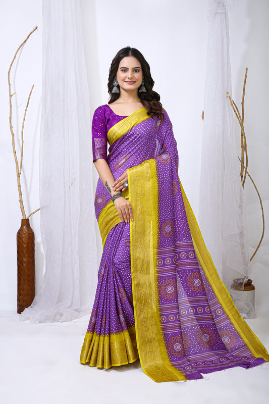 Lavender Color Dola Cotton Fabric Kalamkari Print Saree With Printed Blouse Piece