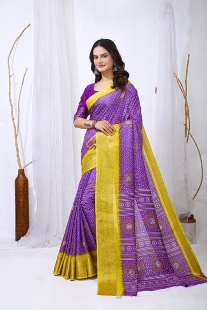 Lavender Color Dola Cotton Fabric Kalamkari Print Saree With Printed Blouse Piece