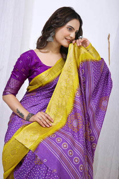 Lavender Color Dola Cotton Fabric Kalamkari Print Saree With Printed Blouse Piece