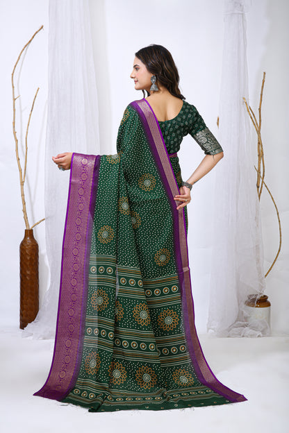 Green Color Dola Cotton Fabric Kalamkari Print Saree With Printed Blouse Piece