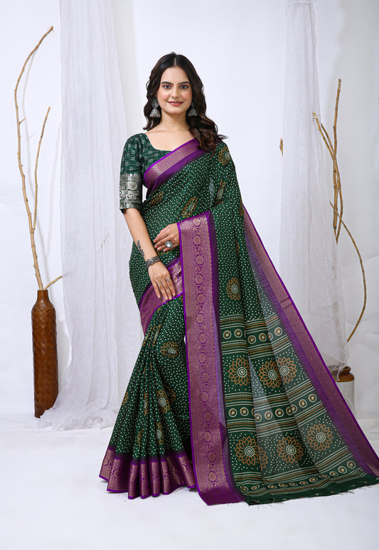 Green Color Dola Cotton Fabric Kalamkari Print Saree With Printed Blouse Piece