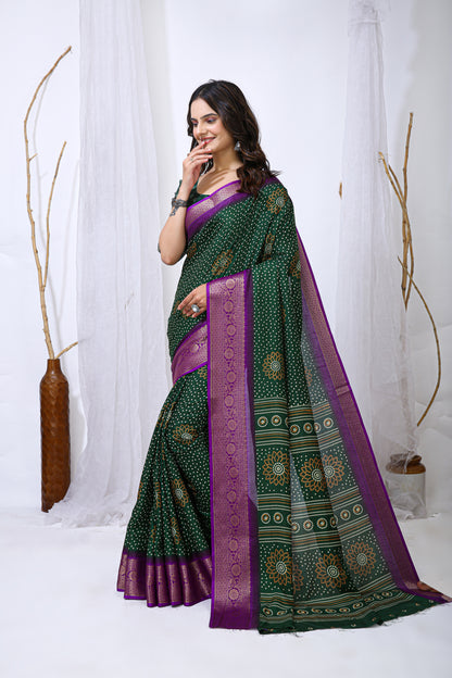Green Color Dola Cotton Fabric Kalamkari Print Saree With Printed Blouse Piece