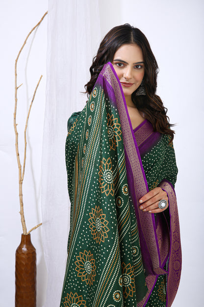 Green Color Dola Cotton Fabric Kalamkari Print Saree With Printed Blouse Piece