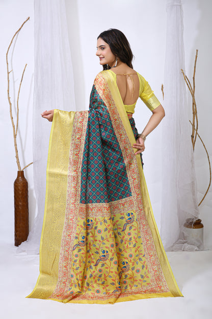 Yellow and Blue Color Dola Cotton Fabric Digital Print Saree With Blouse Piece